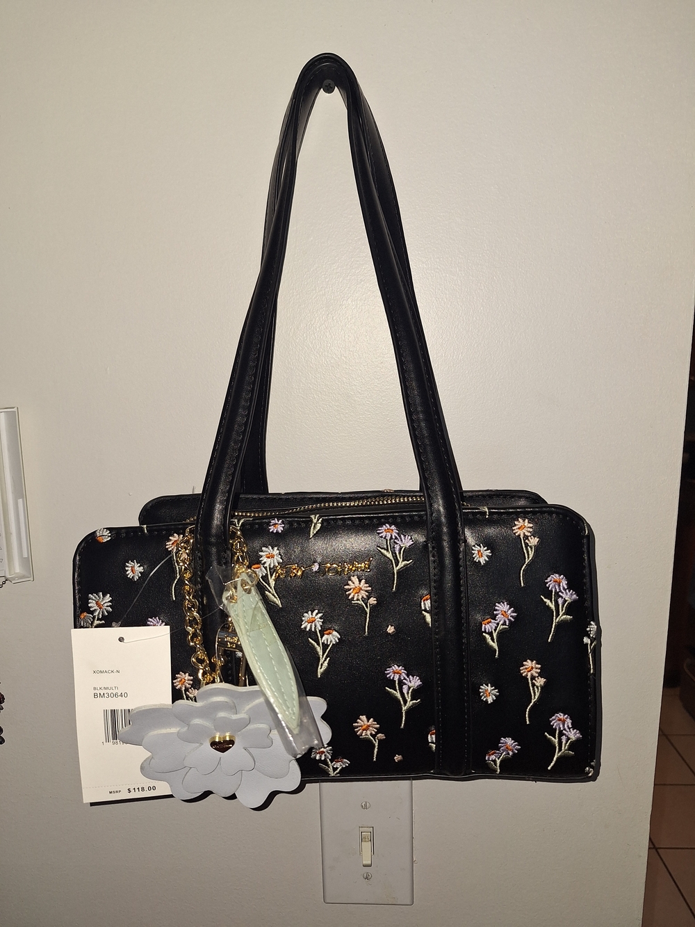 Betsey Johnson Black Floral Embroidered Shoulder Bag